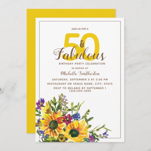 イエローサンフラワーパープルフローラ50素晴らしい 招待状 (正面/裏面)