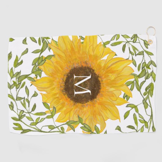 イエローサンフラワーフローラカスタムモノグラムレディース ゴルフタオル (横)