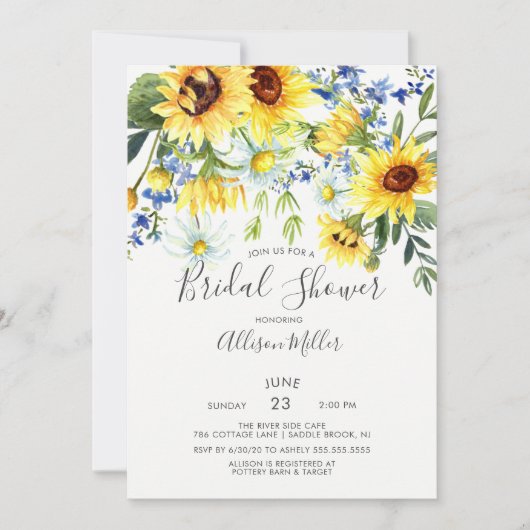 イエローサンフラワーフローラブライダルシャワー 招待状 (正面)