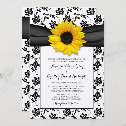 イエローサンフラワーブラックダマスク結婚フローラ 招待状 (正面/裏面)