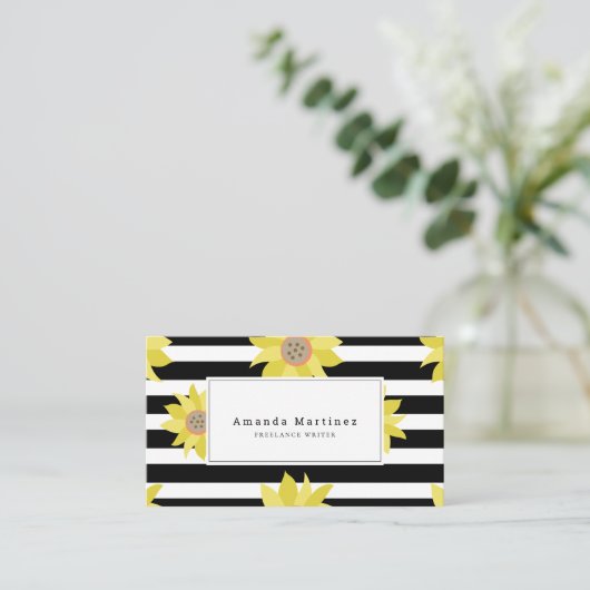 イエローサンフラワーブラック&ホワイトストライプズ 名刺 (スタンド正面)