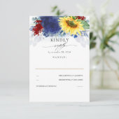 イエローサンフラワーブルー&レッド秋の結婚式RSVP 出欠カード (スタンド正面)