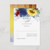 イエローサンフラワーブルー&レッド秋の結婚式RSVP 出欠カード (正面/裏面)