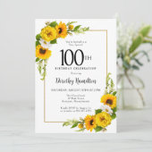 イエローサンフラワーホワイトデイジーフローラ100誕生日 招待状 (スタンド正面)
