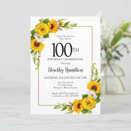 イエローサンフラワーホワイトデイジーフローラ100誕生日 招待状 (スタンド正面)