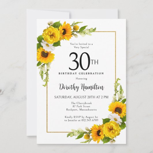 イエローサンフラワーホワイトデイジーフローラ30th Birthday 招待状 (正面)
