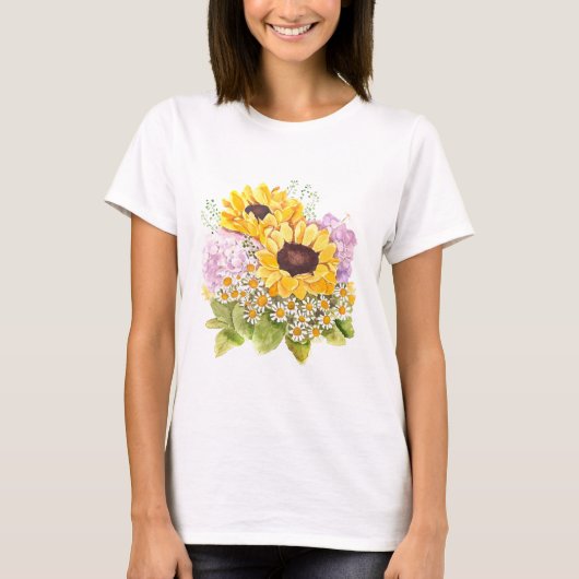 イエローサンフラワーマゼンタあじさい花束 Tシャツ (正面)