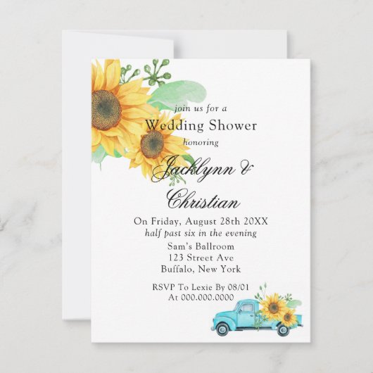 イエローサンフラワーヴィンテージアクアトラックウェディングシャワー 招待状 (正面)
