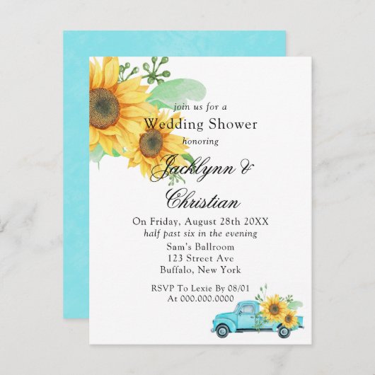 イエローサンフラワーヴィンテージアクアトラックウェディングシャワー 招待状 (正面/裏面)