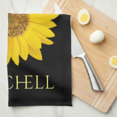 イエローサンフラワー名前をカスタムするブラック キッチンタオル (四つ折り)