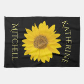 イエローサンフラワー名前をカスタムするブラック キッチンタオル (横)