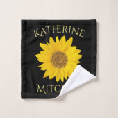 イエローサンフラワー名前をカスタムするブラック バスタオルセット (ウォッシュタオル)