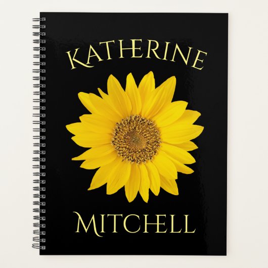 イエローサンフラワー名前をカスタムするブラック プランナー手帳 (正面)