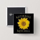 イエローサンフラワー名前をカスタムするブラック 缶バッジ (正面&裏面)
