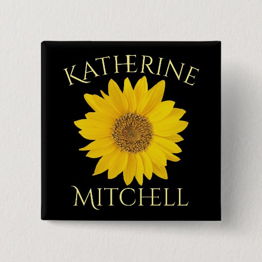 イエローサンフラワー名前をカスタムするブラック 缶バッジ (正面)
