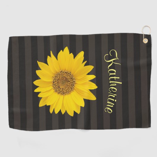 イエローサンフラワー名前をカスタムする ストライプの ゴルフタオル (横)