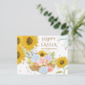 イエローサンフラワー春フローラハッピーイースターホワイト シーズンポストカード (スタンド正面)