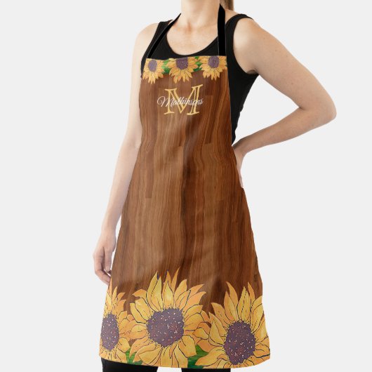 イエローサンフラワー素朴ウッドファミリーモノグラム エプロン (インサイチュ)