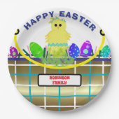 イエローシック卵ブルー金ゴールドイースターバスケット ペーパープレート (正面)