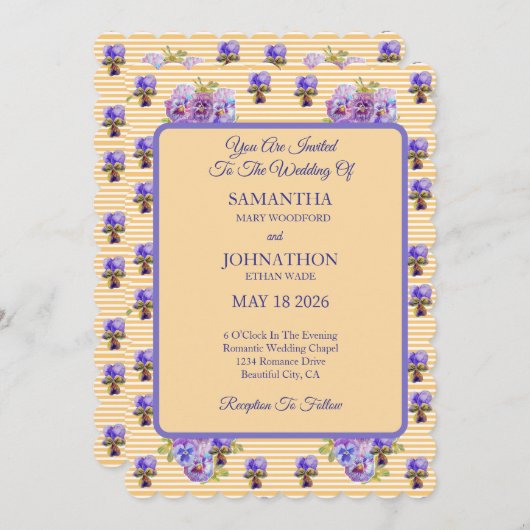 イエローシャビーシックフラワーパンジー結婚式招待状 招待状 (正面/裏面)