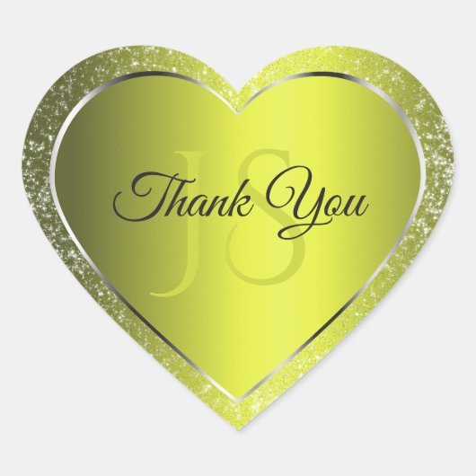 イエローシルバーとグリッターイニシャルかわいいサンキュー ハートシール (正面)