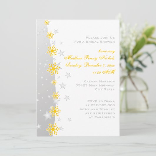 イエローシルバーグレイ結婚スノーフレークブライダルシャワー 招待状 (スタンド正面)