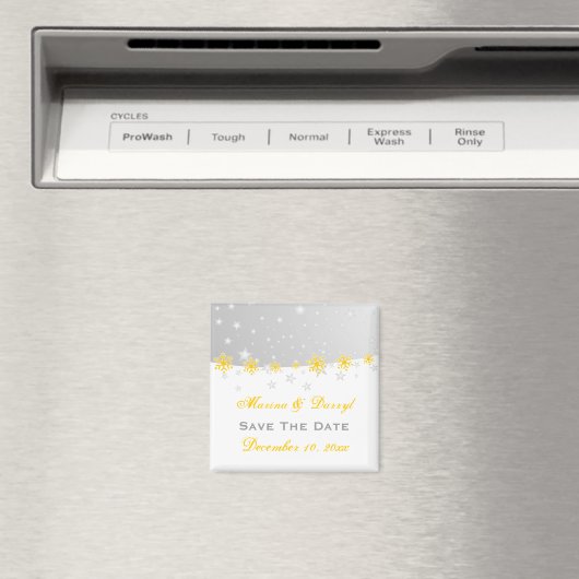 イエローシルバーグレーのスノーフレーク結婚式の日付を保存 マグネット (インサイチュ (食洗機))