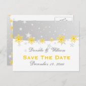 イエローシルバーグレーのスノーフレーク結婚式の日付を保存 案内ポストカード (正面/裏面)