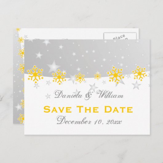 イエローシルバーグレーのスノーフレーク結婚式の日付を保存 案内ポストカード (正面/裏面)