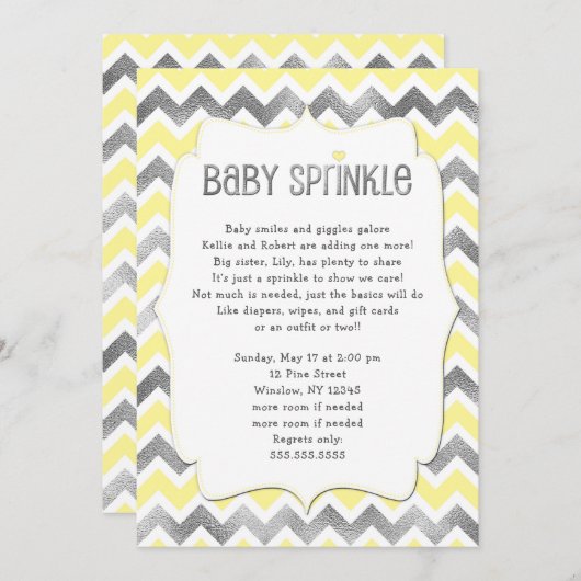 イエローシルバーベイビースプリンクルベイビーシャワー招待状 招待状 (正面/裏面)