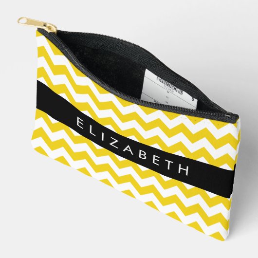 イエロージグザグ、イエローシェブロン、お名前 アクセサリーポーチ (見開き)