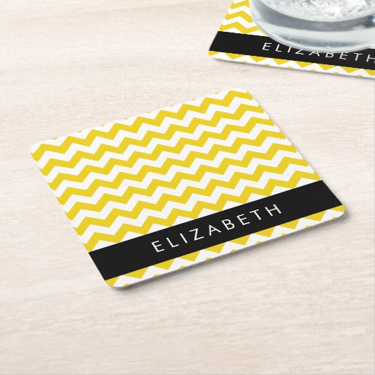 イエロージグザグ、イエローシェブロン、お名前 スクエアペーパーコースター (アングル)