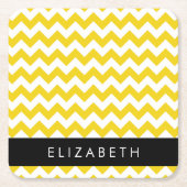 イエロージグザグ、イエローシェブロン、お名前 スクエアペーパーコースター (正面)