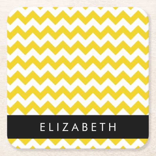 イエロージグザグ、イエローシェブロン、お名前 スクエアペーパーコースター (正面)