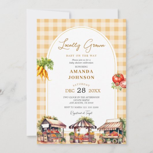 イエロージンガム地元で栽培された野菜ベビーシャワー 招待状 (正面)