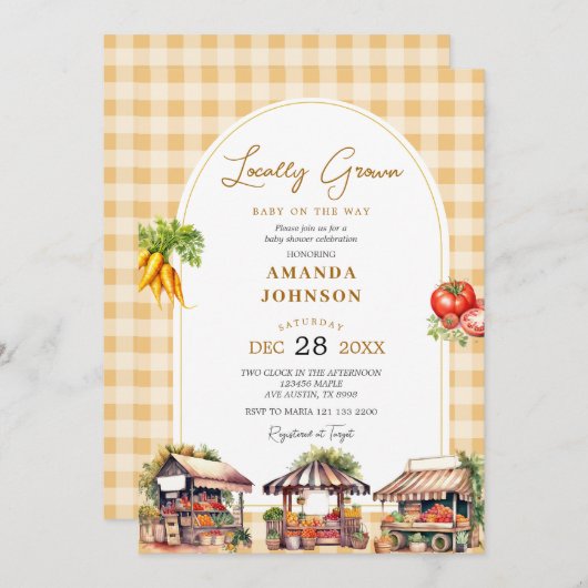 イエロージンガム地元で栽培された野菜ベビーシャワー 招待状 (正面/裏面)