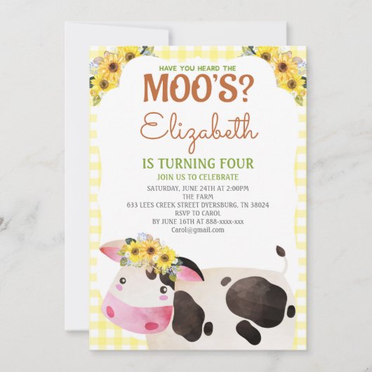 イエロージンガム牛誕生日ファームアニマルズ納屋周囲の庭 招待状 (正面)