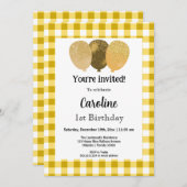 イエロージンガム、パーティーバルーン1st誕生日 招待状 (正面/裏面)