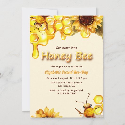 イエロースイートハニービーデイ子供の誕生日パーティー 招待状 (正面)