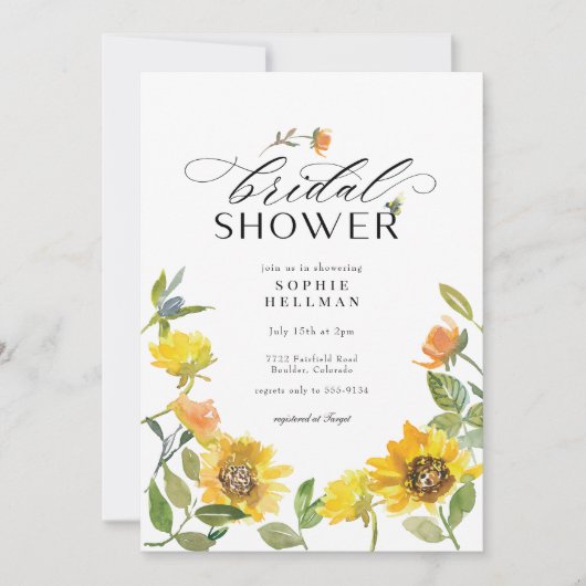 イエロースエレガントマーフラワーサニービーブライダルシャワー 招待状 (正面)