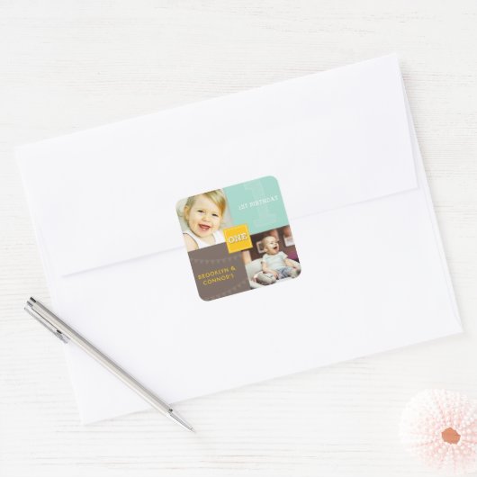 イエロースクエアスケッチ一双生児1stバースデーフォト スクエアシール (封筒)