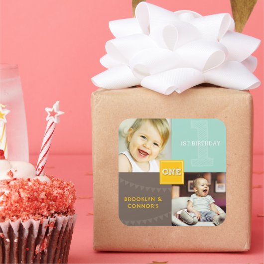 イエロースクエアスケッチ一双生児1stバースデーフォト スクエアシール (パーティー)