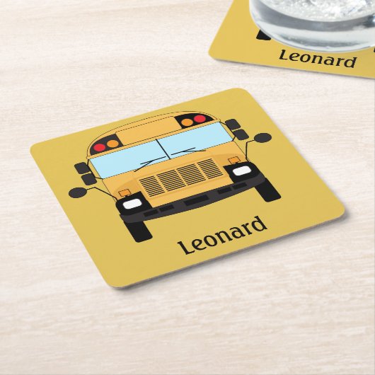 イエロースクールバスドライバーと先生ギフト スクエアペーパーコースター (アングル)