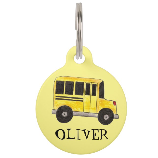 イエロースクールバスドライバーペットドッグラベル ペット　ネームタグ (正面)