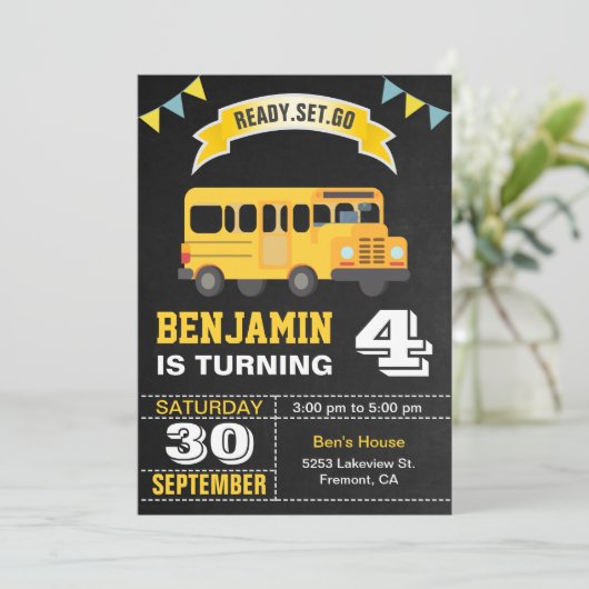 イエロースクールバス子供の誕生日パーティー 招待状 (スタンド正面)