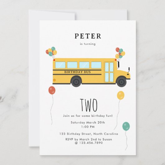 イエロースクールバス子供の誕生日パーティー 招待状 (正面)
