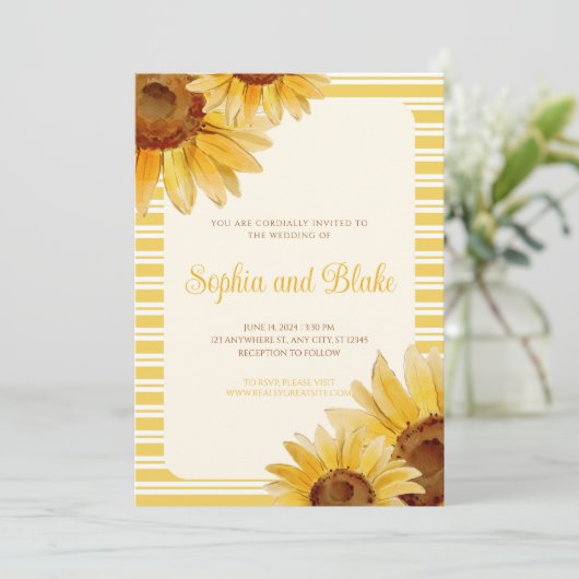 イエロースストライプのマーフラワー結婚式招待状 招待状 (スタンド正面)
