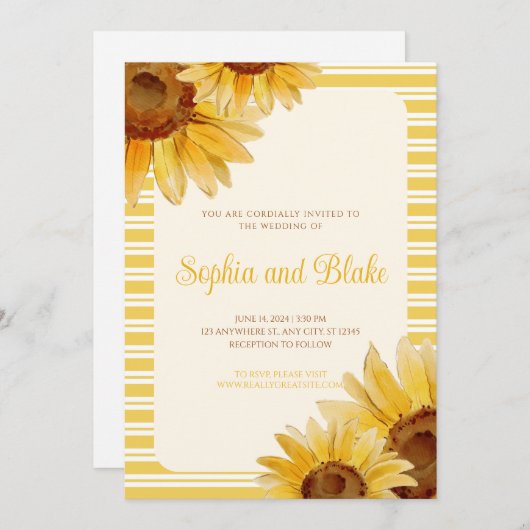 イエロースストライプのマーフラワー結婚式招待状 招待状 (正面/裏面)