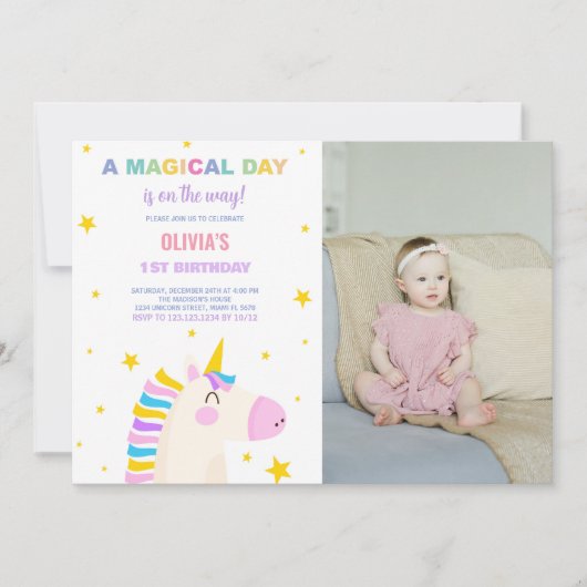 イエロースターズユニコーン誕生日招待状w写真 招待状 (正面)