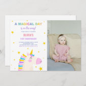 イエロースターズユニコーン誕生日招待状w写真 招待状 (正面/裏面)